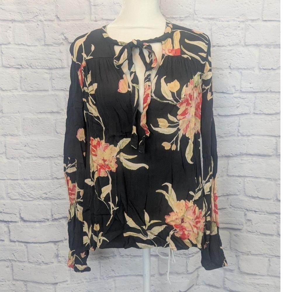 Billabong Womens Floral Long Sleeve Tie Neck Blouse Black‎ Pink Small